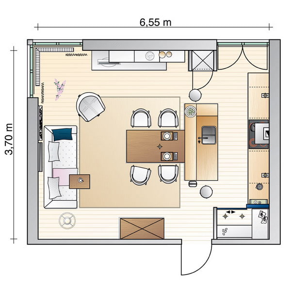 Virtuves-dzīvojamās istabas kvadrātveida izkārtojums