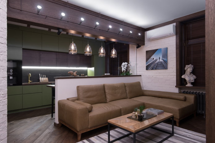 gaismas organizēšana virtuves-dzīvojamās istabas interjerā