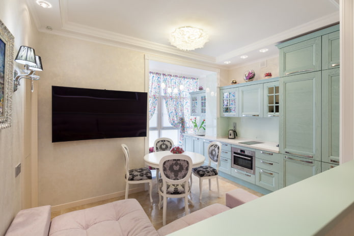Küche-Wohnzimmer 16 qm mit einer Loggia