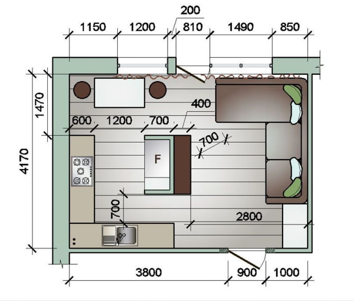 obdĺžniková kuchyňa obývacia izba 16 štvorcov