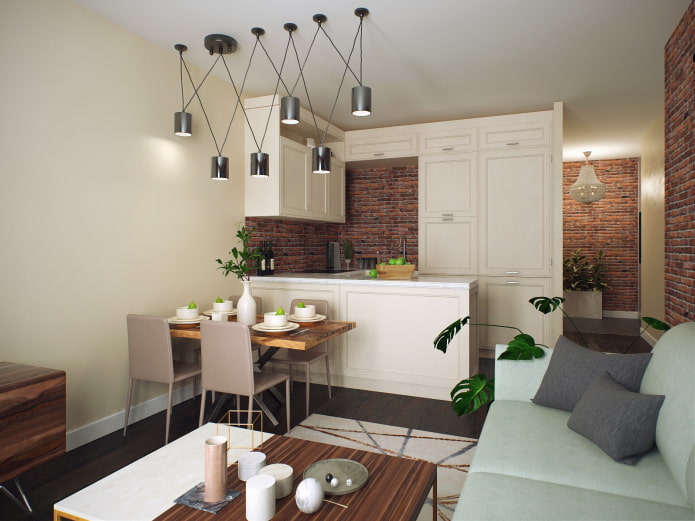 16 kvadrātu virtuves-dzīvojamās zonas interjera dizains