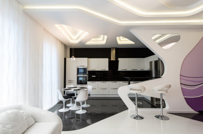 augsto tehnoloģiju virtuves-dzīvojamās istabas dizains