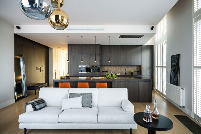 čtvercový tvar kuchyně-obývací pokoj design