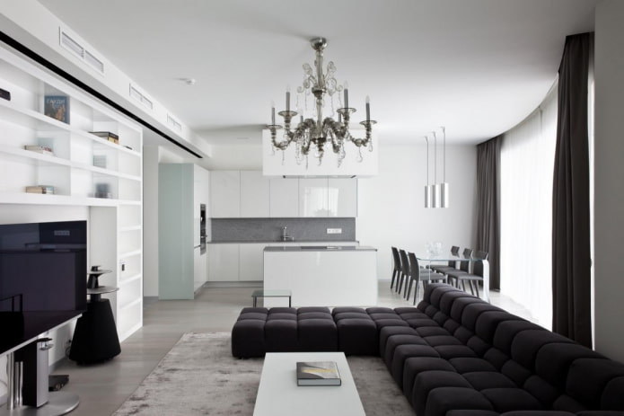 minimalistinen keittiö-olohuoneen suunnittelu