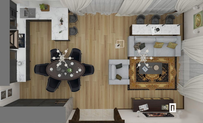 téglalap alakú konyha-nappali elrendezése 25 négyzet