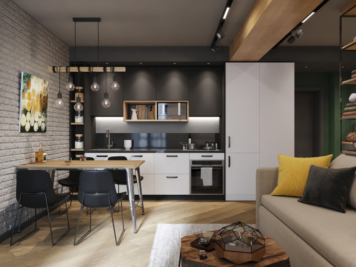 virtuves-viesistabas interjers 15 kvadrāti bēniņu stilā