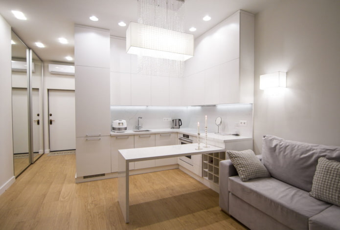 virtuves-viesistabas interjers 15 kvadrātu augsto tehnoloģiju stilā