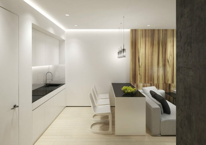minimālisma virtuves-viesistabas interjers 15 kvadrāti
