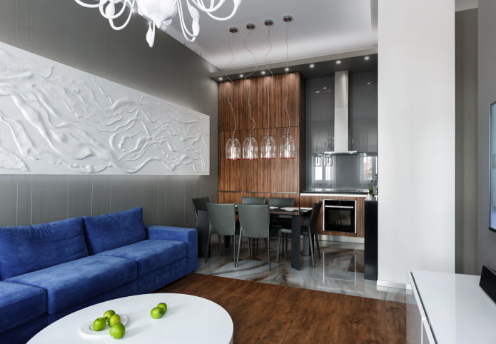 interiér obývacího pokoje kuchyně 15 čtverců v moderním stylu