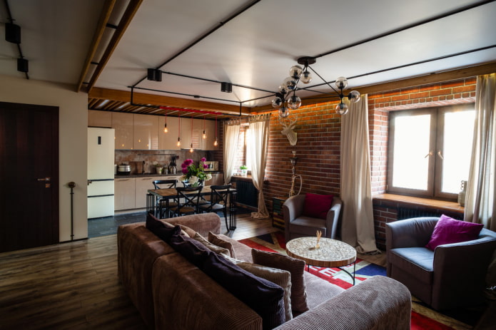 loft stílusú konyha-nappali belső tere