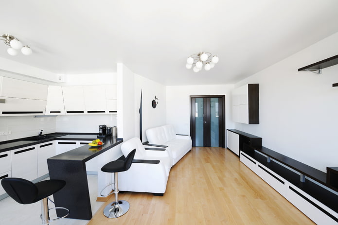 minimalisme kjøkken-stue interiør