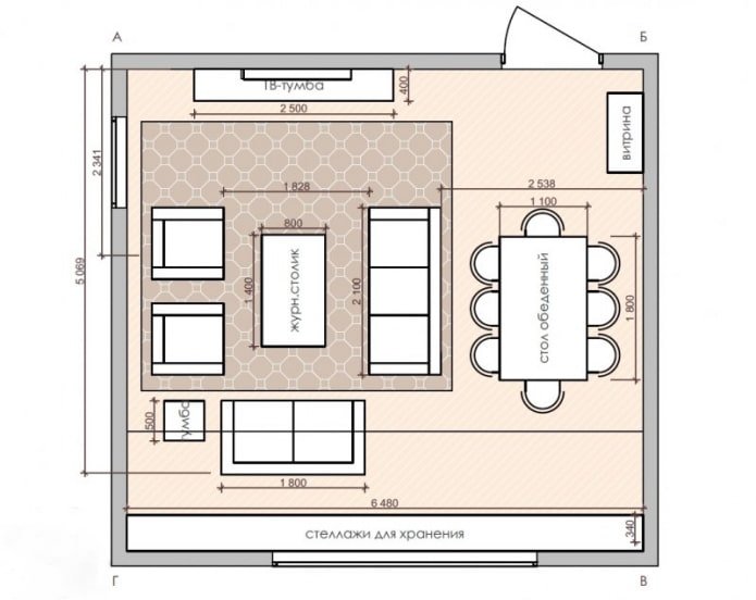 plan carré de la cuisine-salon