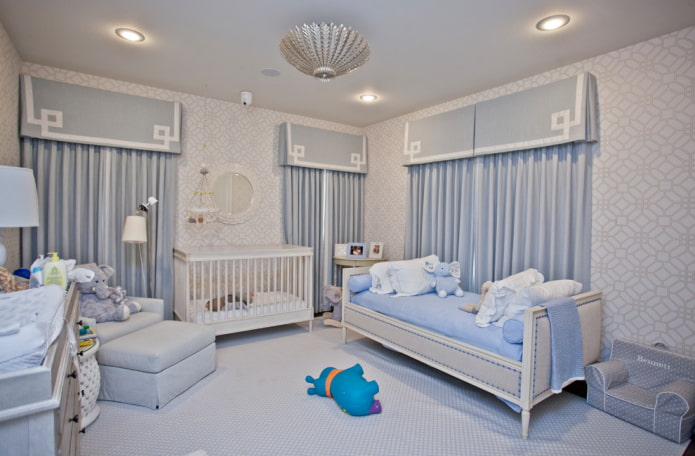 blue and gray kids room interior