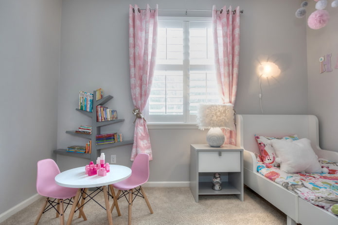 curtains in the interior of a gray nursery