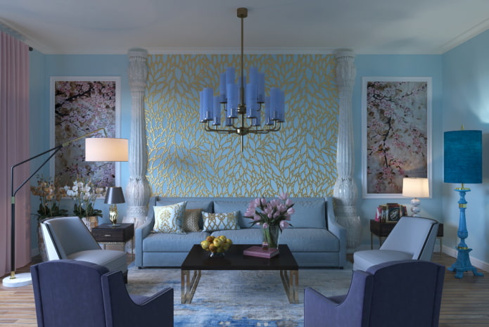 décoration et textiles à l'intérieur du salon bleu
