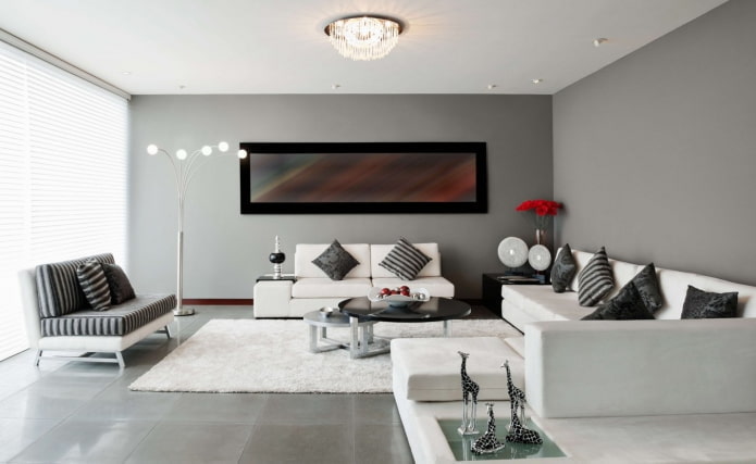 Interiér šedého obývacího pokoje
