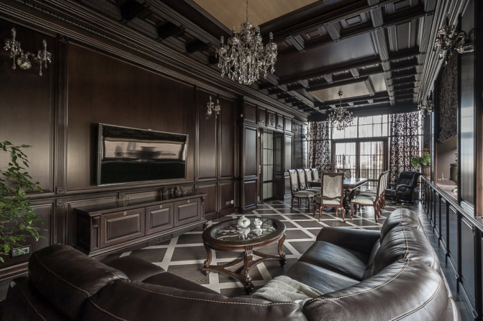 klasická obývacia izba v tmavých farbách