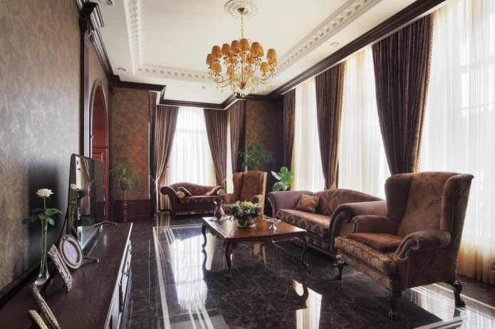 klasický obývací pokoj v tmavých barvách