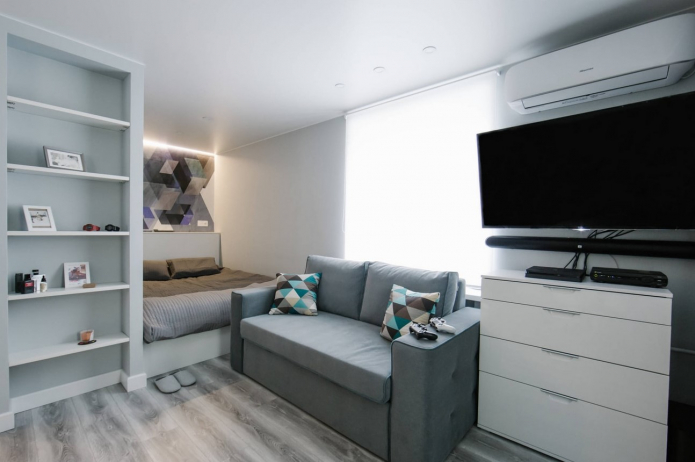 móveis de um quarto combinado com sala