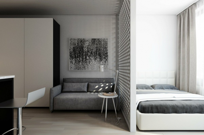 minimalistisk soveværelse-stue interiør