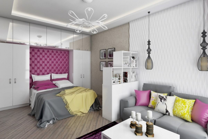 zoning decoration in the interior of the bedroom-living room