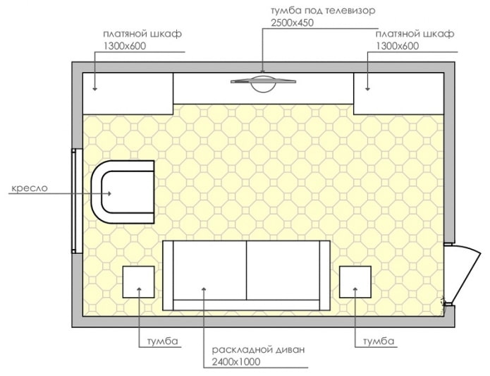 El diseño de la sala de estar rectangular.