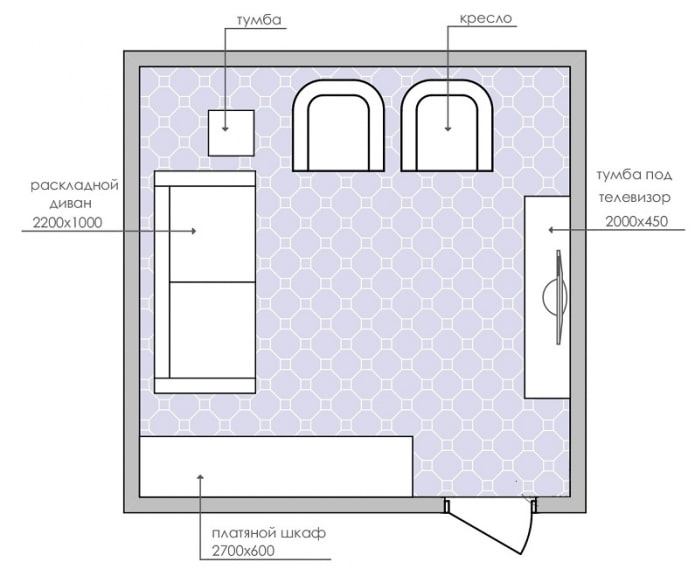 disposición rectangular de la sala de estar
