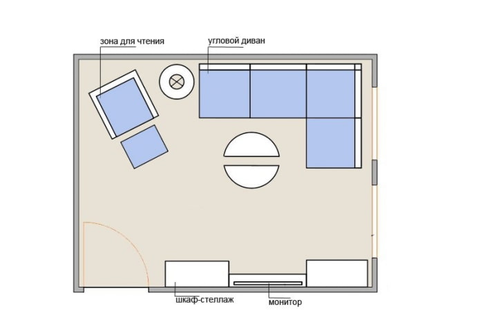 Schéma d'un salon de 15 m² avec un canapé d'angle