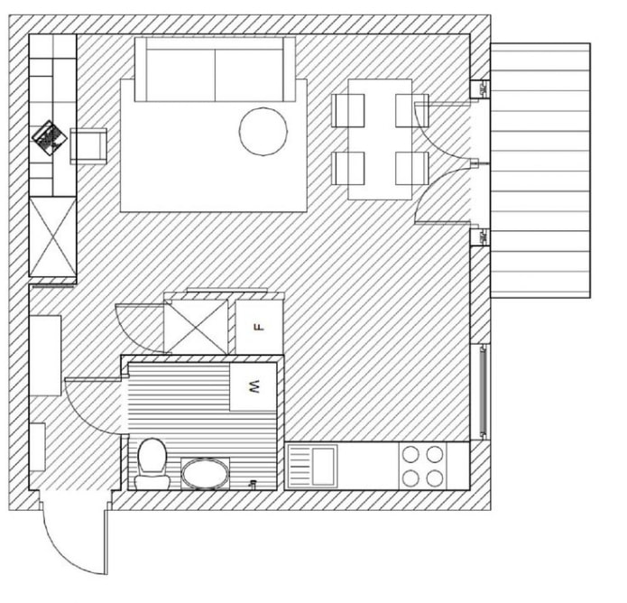studijas tipa dzīvokļa Hruščova pārbūve