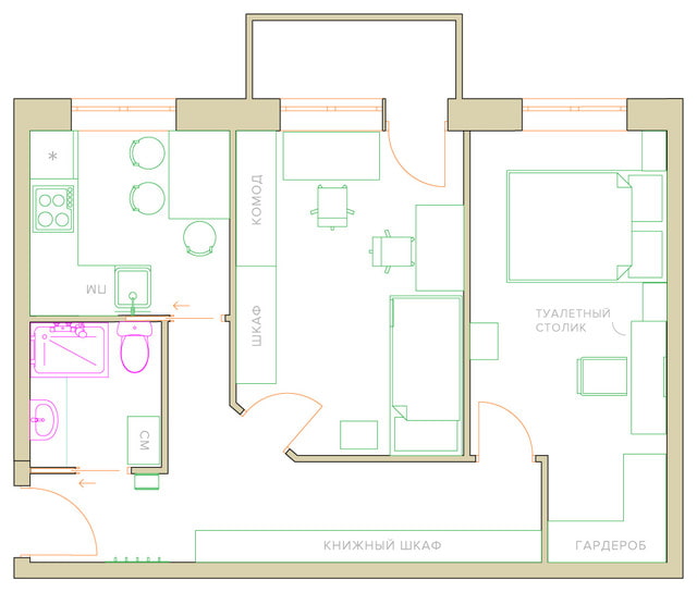 ombyggnad av en två-rums lägenhet Khrusjtsjov