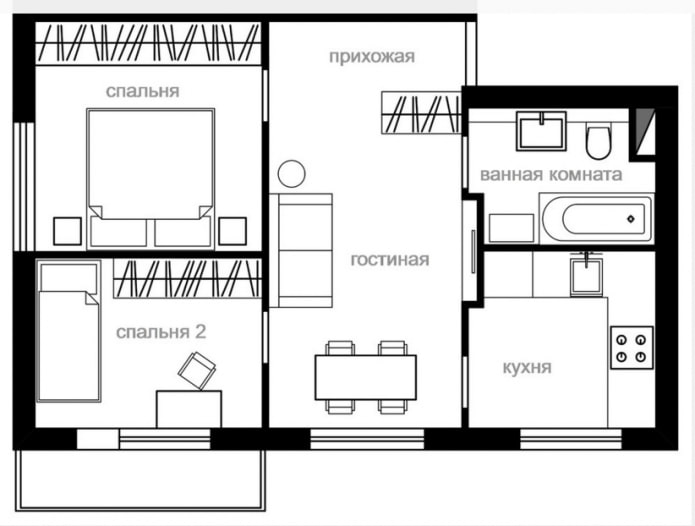 ombygging av en to-roms leilighet Khrusjtsjov
