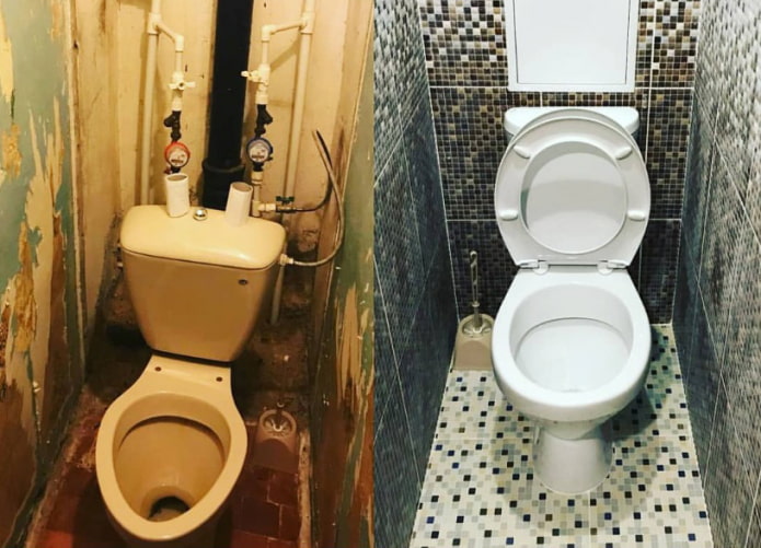 Fotos antes e depois de consertar o banheiro