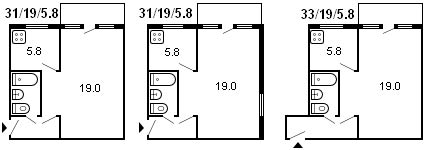 layout af en 1-værelses Khrushchev-serie 464