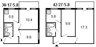Maquetació d'una sèrie 464 de Khrusxov de 2 habitacions
