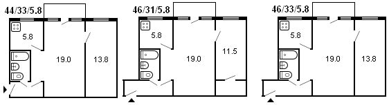 layout af en 2-værelses Khrushchev-serie 464
