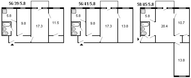 layout av 3-rums Khrushchev-serie 464