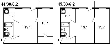 layout af en 2-værelses Khrushchev serie 1-335