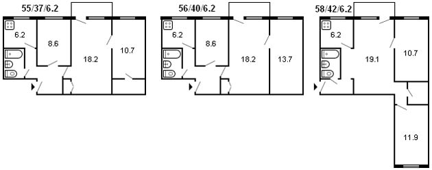 layout av en 3-rums Khrushchev-serie 1-335