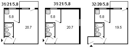 layout af en 1-værelses Khrushchev-serie 434 1964