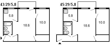 layout de uma série Khrushchev de 2 quartos 434 1958
