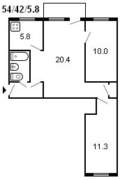 3 kambarių Chruščiovo serijos, išdėstytos 1959 m., išdėstymas 434 m