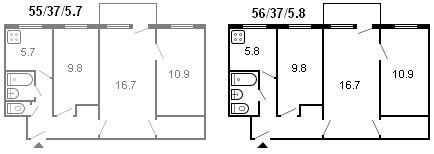 layout di una serie di 3 locali Krusciov 434 1964
