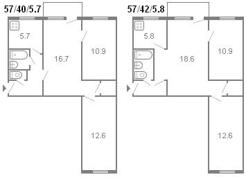 layout av en 3-rums Khrushchev-serie 434 1964