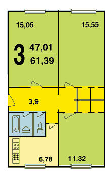 layout av 3-rums Khrushchev K-7-serie