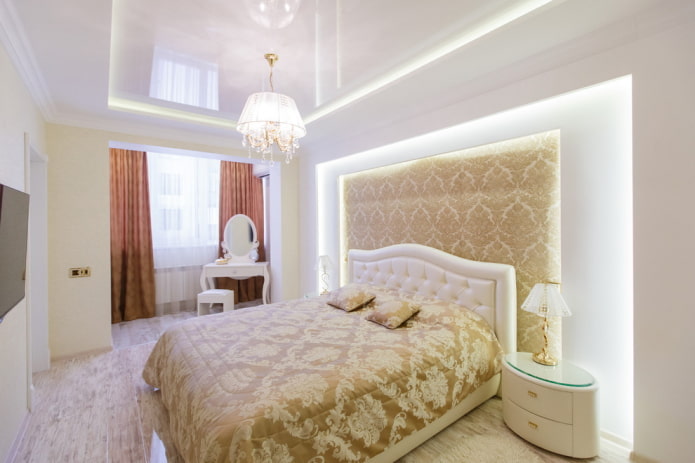 suspended ceiling with chandelier in the bedroom