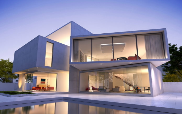 panoramik pencerelere sahip yüksek teknoloji tarzı ev