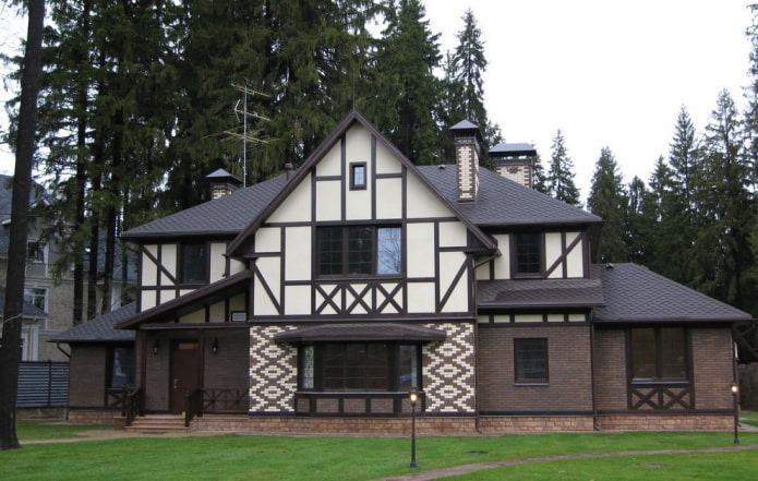 decoración de fachada de casa con entramado de madera