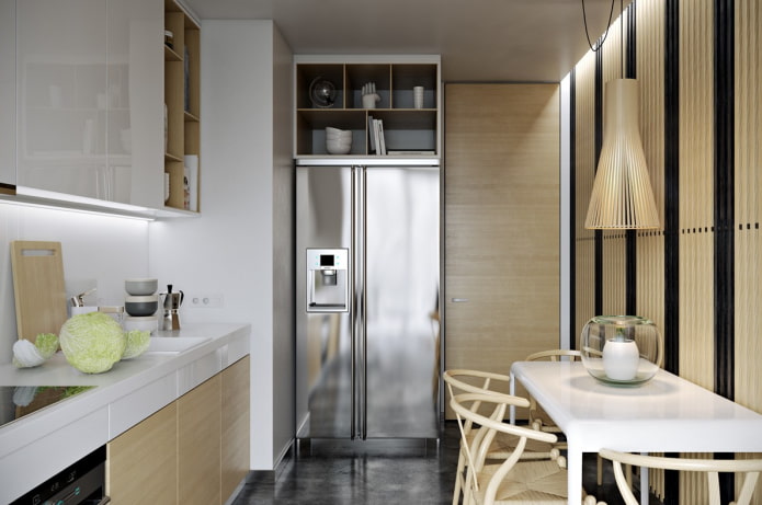 9 kvadratinių kambarių virtuvė su šaldytuvu