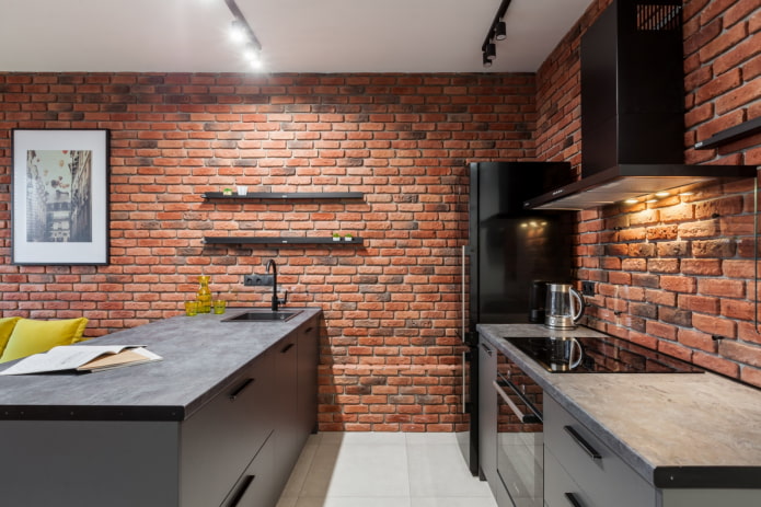 color scheme of a brick in a kitchen interior
