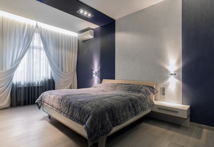 gråblå sovrum design